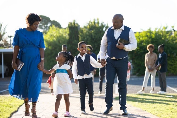 A family walking to church.