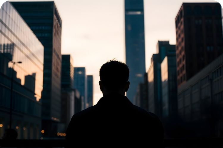A dark shot of a man from behind with a big city in front of him.